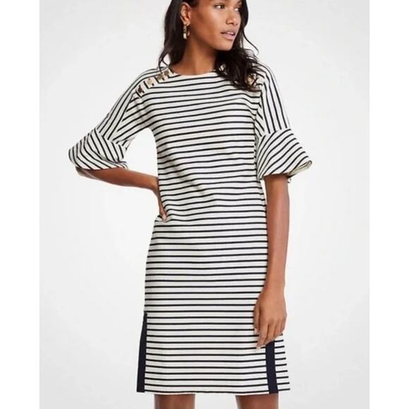 ANN TAYLOR Striped Sheath Dress Fluted Sleeve White Navy Nautical Women's S Pet - Picture 1 of 11